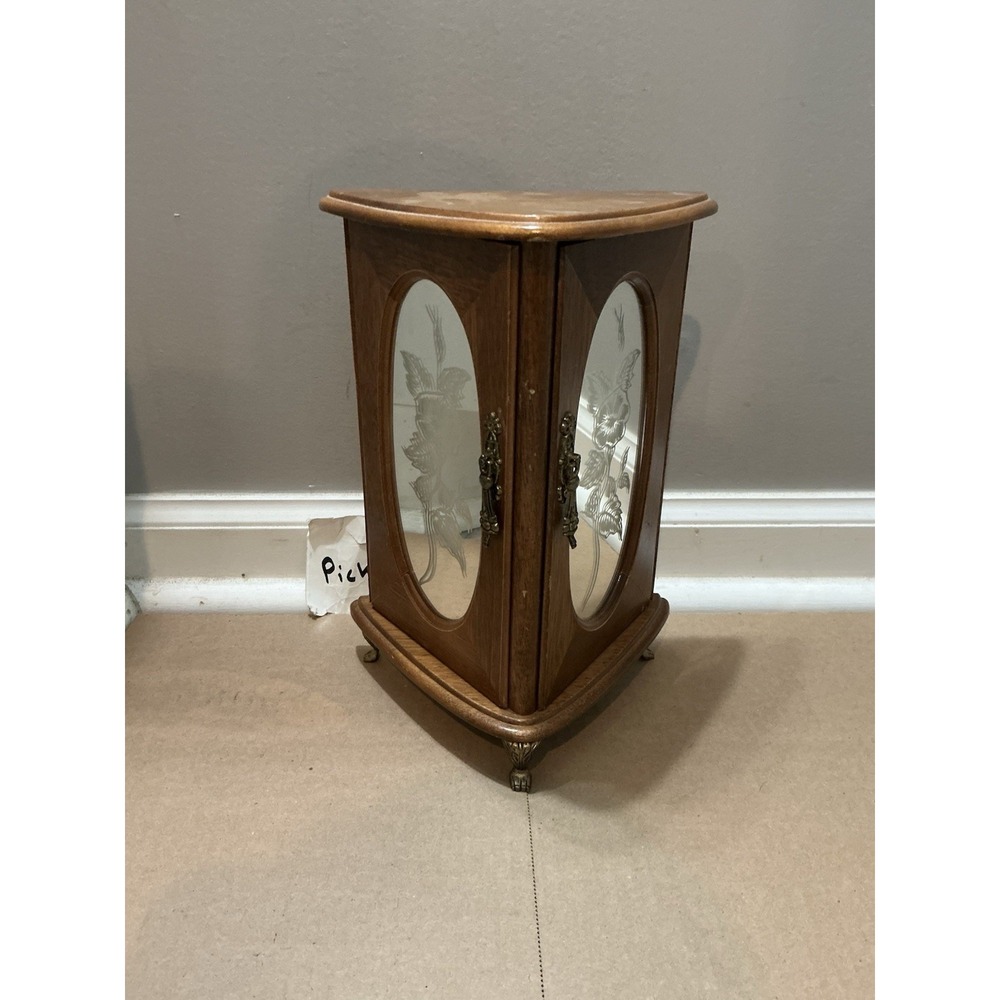 Vintage 1970s Triple Sided Jewelry Box with Etched Mirror Doors